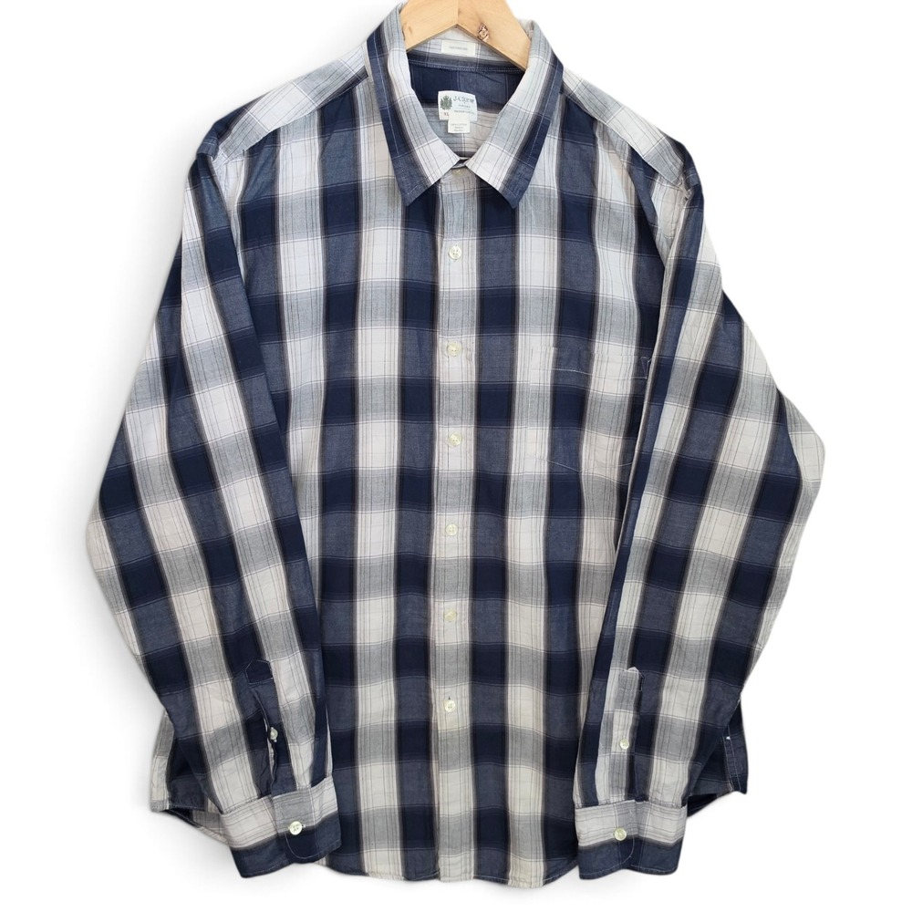 J Crew Shirt Mens XL Tailored Fit Navy Blue White Plaid Washed Casual Long Sleev